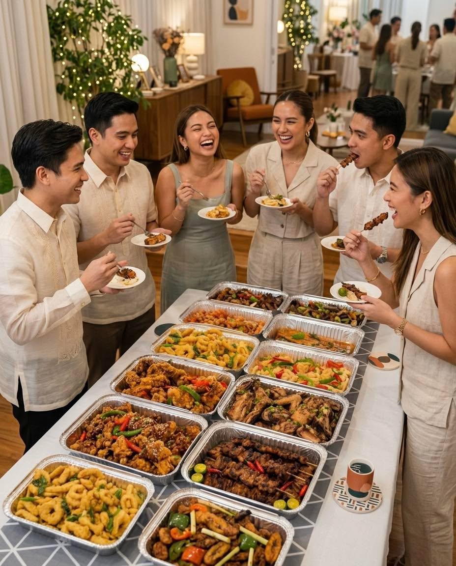 Group of friends enjoying Catering Trio PH food party trays